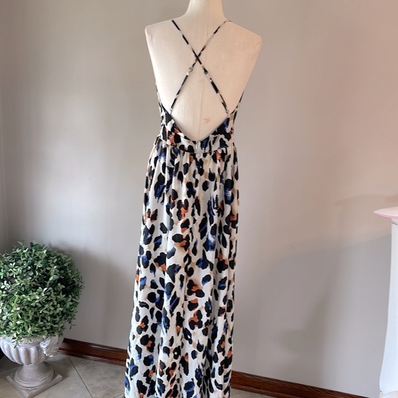 SHEIN all over print long FULL skirt dress criss cross open back DEEP V front 10 - Picture 6 of 15